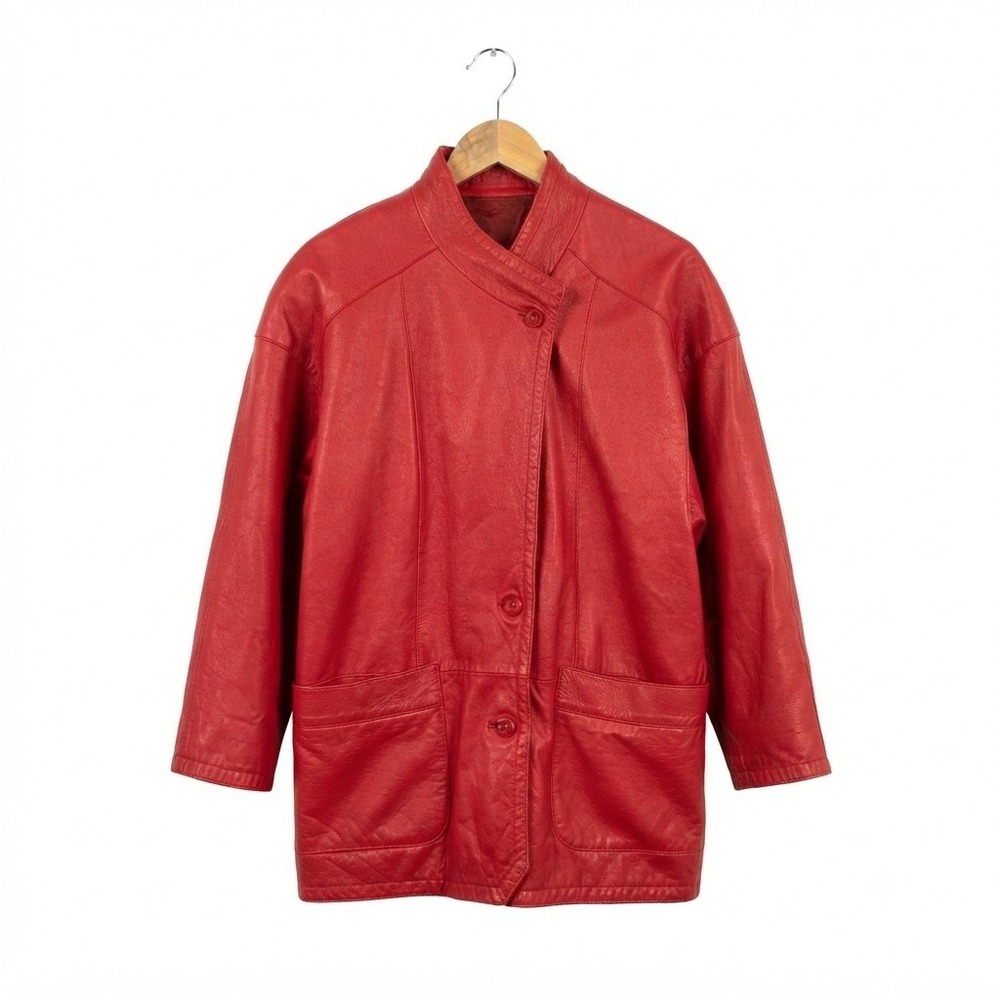 Vintage 80s Red Leather Jacket Vera Pelle Made In Italy Mob Wife Retro Coat 44